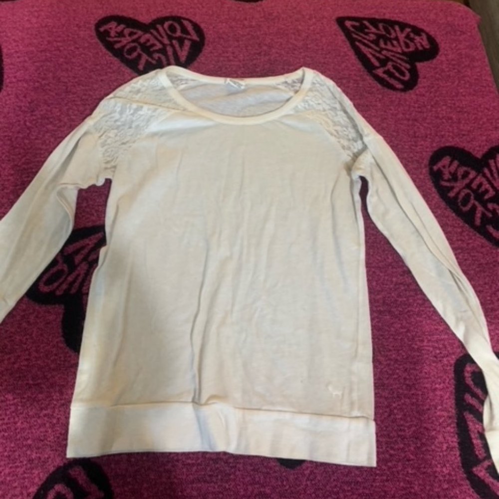 Victoria secret pink white long sleeve T-shirt with lace.